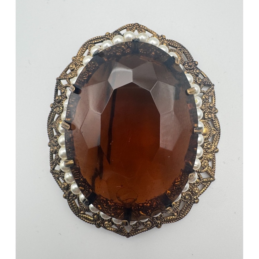 Vintage West Germany Brooch Faux Pearl Gold Filigree Victorian